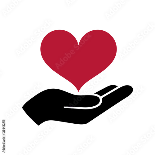 A silhouette of a hand with an upturned palm supports a floating red heart, symbolizing care and giving red and black