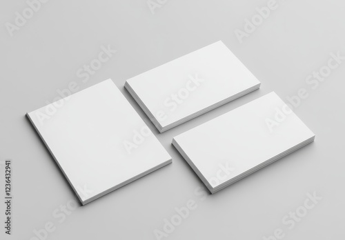 Three blank white cards and booklet mockup on grey background.