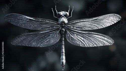 A futuristic dragonfly, a mechanical insect with intricate design and silver color, implying advanced technology or science fiction elements. photo