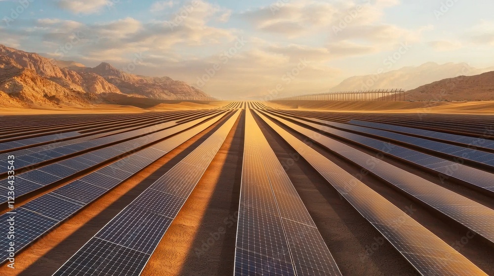 Fototapeta premium Vast Solar Panel Array Against Beautiful Mountain Landscape at Sunset