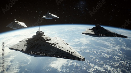 Imperial Star Destroyers in space formation above a blue planet with white clouds photo