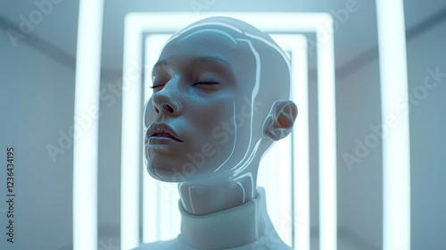 Futuristic cyborg head with 3D rendering in a digital cyberspace environment with a thoughtful introspective expression on the face