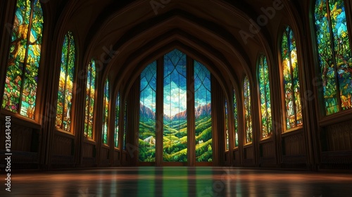 Stunning Stained Glass Windows in Serene Mountain Chapel Interior