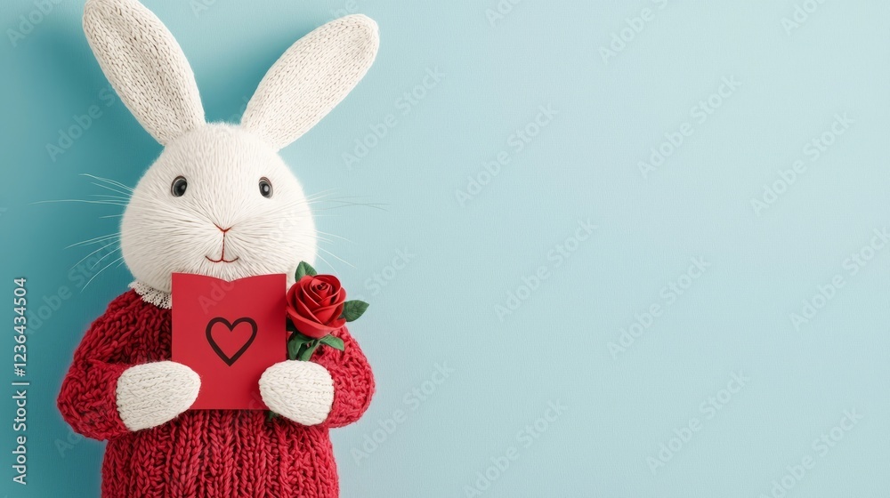Obraz premium Valentine emotion eternity. A cute, knitted rabbit holding a red book with a heart and a rose, set against a soft blue background, perfect for Valentine's Day.