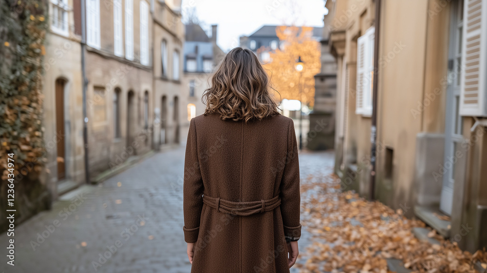 Naklejka premium Cinematic moment of a stylish woman moving through historic streets