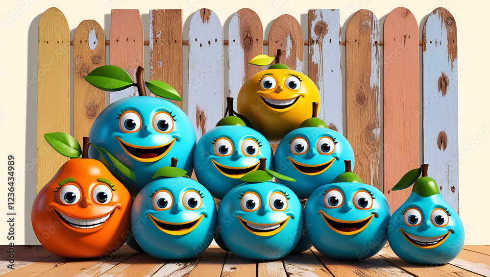 Obraz premium A whimsical array of pears, each with a cheerful, painted-on face, sits on a wooden crate , The pears come in a variety of colors, including blue, yellow, and orange , The wooden background