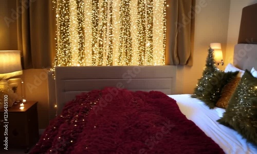 Wallpaper Mural Cozy Christmas Bedroom: A inviting bedroom decorated for Christmas with warm lights and plush burgundy blanket, perfect for a cozy night in. Torontodigital.ca