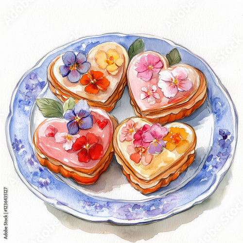 A watercolor Valentine's Day illustration of a festive plate filled with heart-shaped cookies covered in icing with  flowers