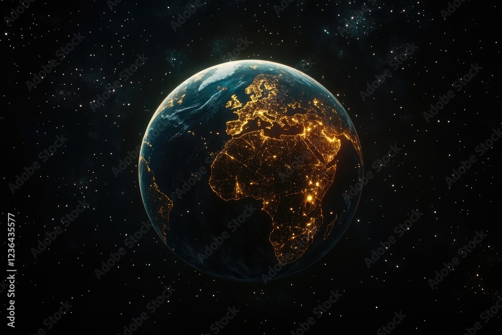 A dark blue and yellow planet with a bright orange spot in the middle. The planet is surrounded by a black sky with many stars A dark blue and yellow planet with a bright orange spot in the middle. The planet is surrounded by a black sky with many stars