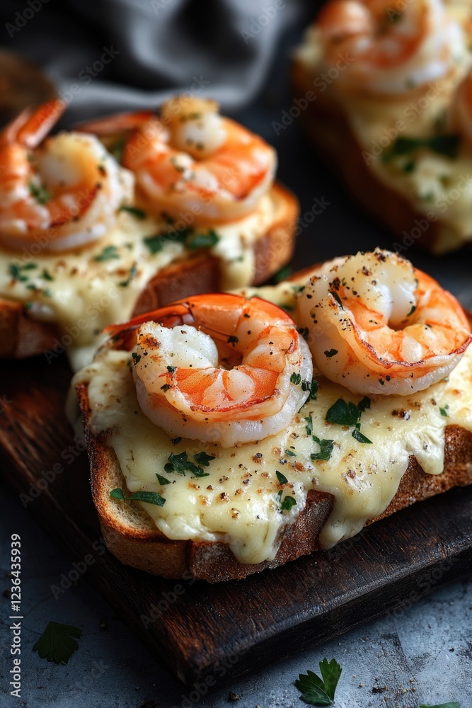 Delicious shrimp toast with melted cheese and seasoning on crusty bread. Delicious shrimp toast with melted cheese and seasoning on crusty bread.