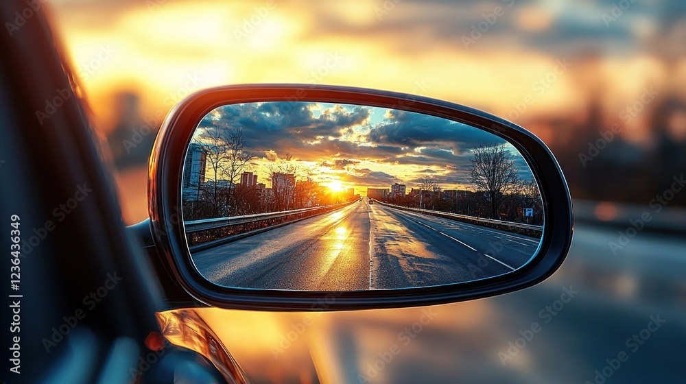 Car mirror reflecting sunset over city highway during evening commute Car mirror reflecting sunset over city highway during evening commute