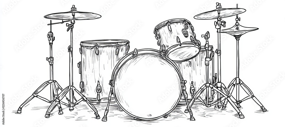 Hand-Drawn Illustration of a Complete Drum Set, Capturing the Essence of Musical Energy and Rhythm Hand-Drawn Illustration of a Complete Drum Set, Capturing the Essence of Musical Energy and Rhythm