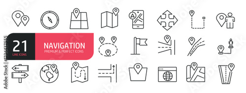 Set of line icons related to navigation, map, compass, famous place, location. Outline icons collection. Editable stroke. Vector illustration.