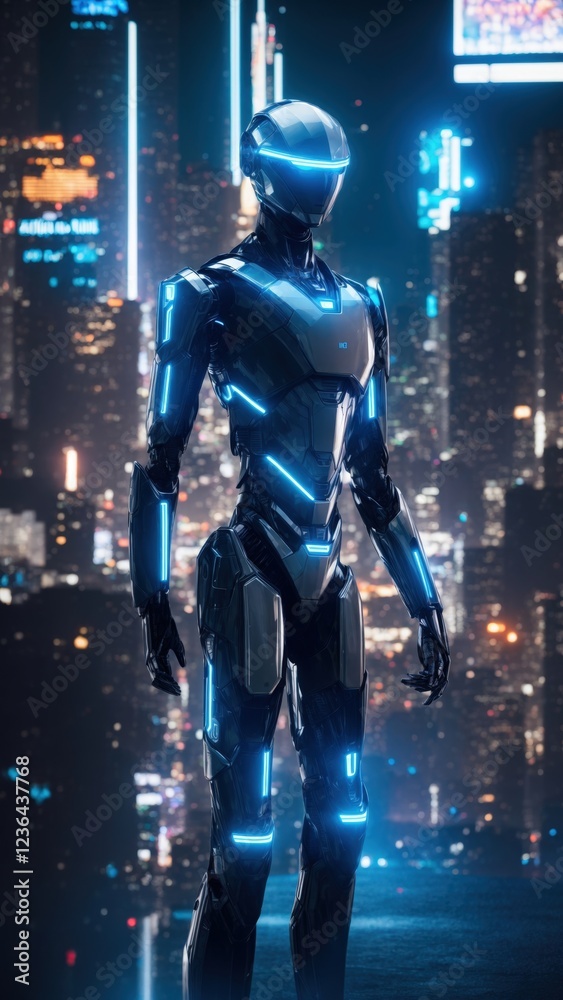 Futuristic Cybernetic Warrior with Neon Accents in a Cyberpunk Cityscape