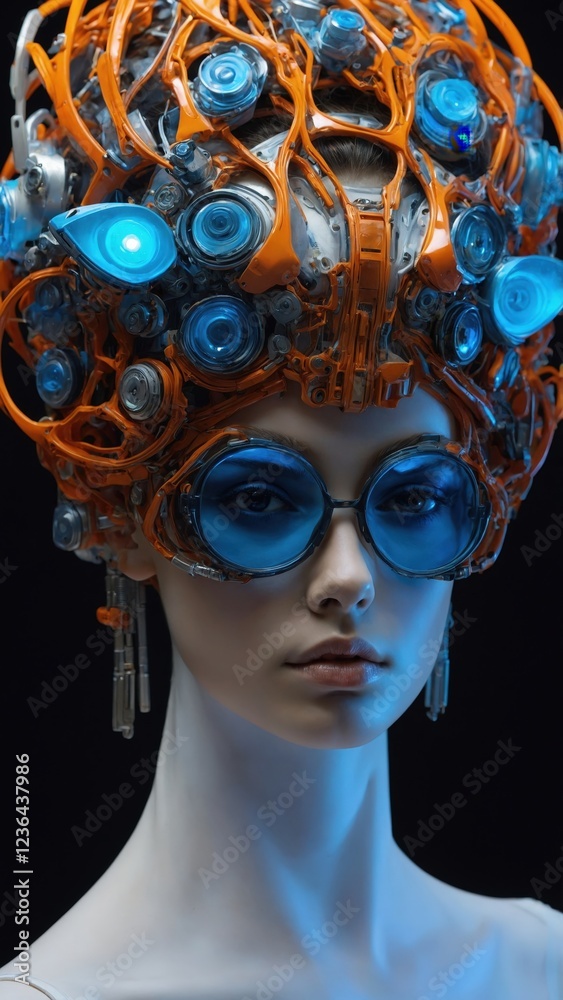 Obraz premium Futuristic Cybernetic Headgear with Neon Blue and Orange Design on a Female Model