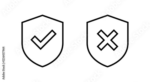 Check mark and x cross with shield outline icon. Editable stroke