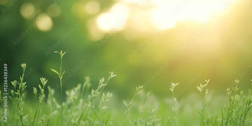 Obraz premium Simmer minimalistic banner with green grass and blurry background. Ecology and eco-friendly farming illustration. Sunny day in countryside.
