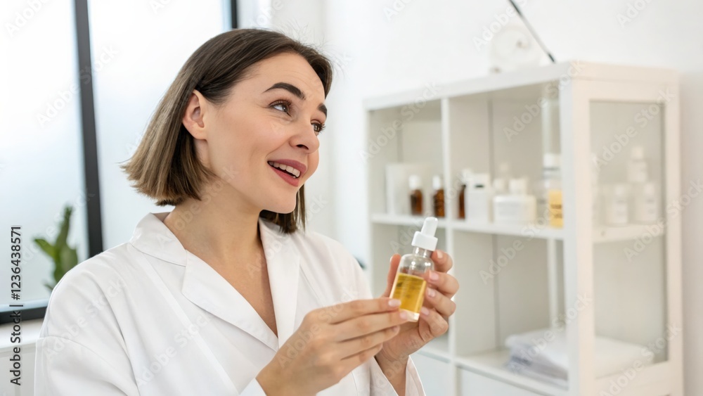 Smiling Young Woman with Skincare Serum in Modern Spa Setting Smiling Young Woman with Skincare Serum in Modern Spa Setting