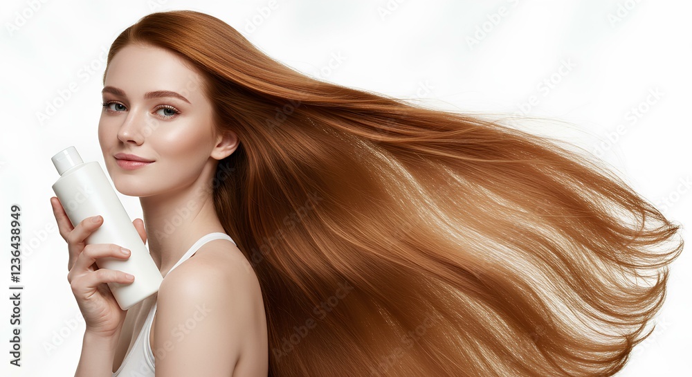 Haircare Product Bottle Mockup with Ginger Woman Model Haircare Product Bottle Mockup with Ginger Woman Model