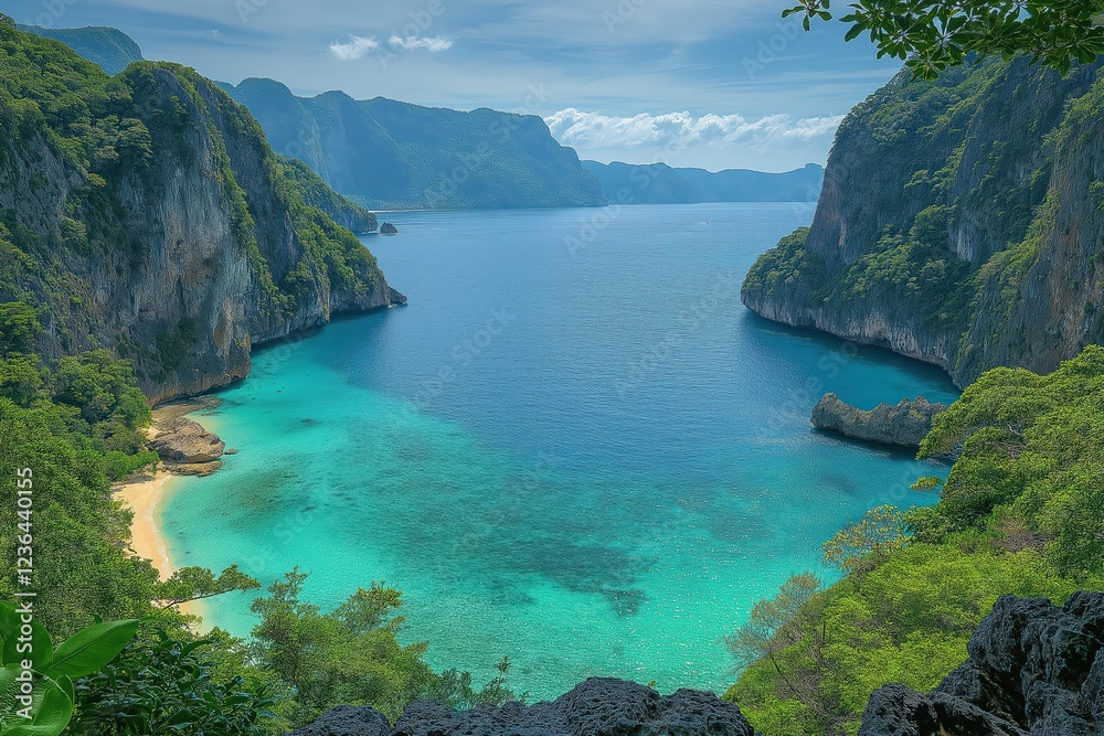 Fototapeta premium Beautiful tropical bay with turquoise waters and lush green cliffs in Thailand