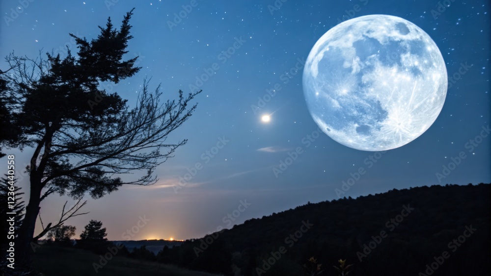 Stunning Night Sky with Full Moon and Stars Over Serene Landscape Stunning Night Sky with Full Moon and Stars Over Serene Landscape
