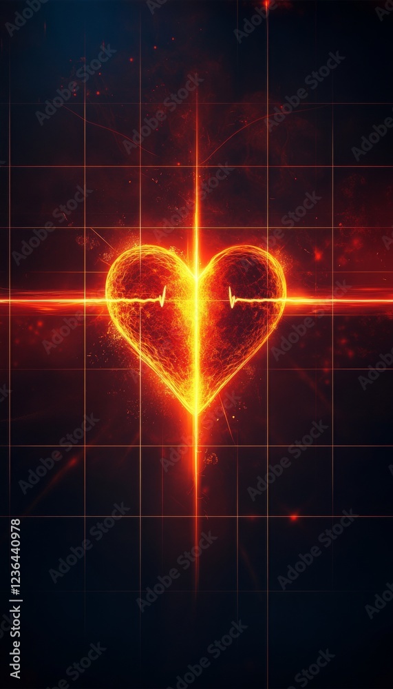 Stylized Vector Art of an Oscillating Heart Rate Wave on a Black Grid Background, Glowing Highlight