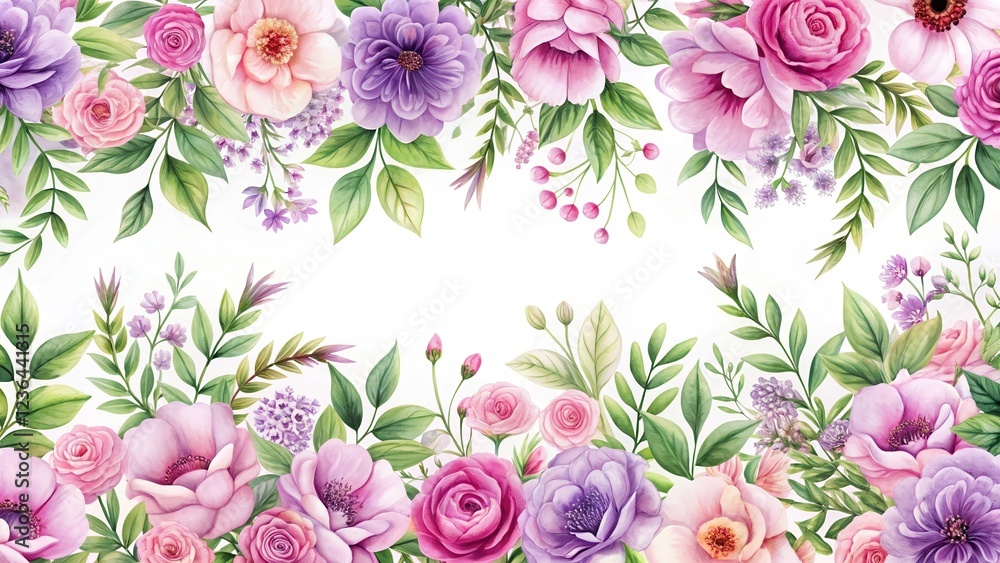 Elegant floral patterns with leaves create a seamless design on white background, featuring delicate pink and purple flowers surrounded by lush greenery, seamless, floral pattern Elegant floral patterns with leaves create a seamless design on white background, featuring delicate pink and purple flowers surrounded by lush greenery, seamless, floral pattern