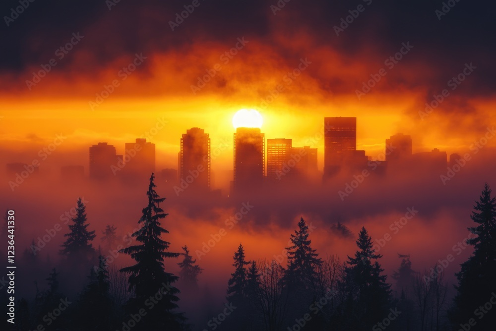 A city skyline is visible in the background as the sun sets. The sky is hazy and foggy, creating a moody atmosphere A city skyline is visible in the background as the sun sets. The sky is hazy and foggy, creating a moody atmosphere