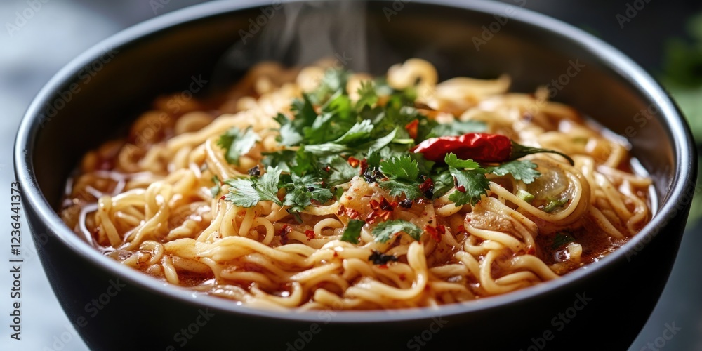 Instant noodles in a spicy sauce, served hot. Instant noodles in a spicy sauce, served hot.