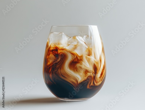 A glass of coffee with ice cubes in it. The coffee is brown and has a swirl pattern