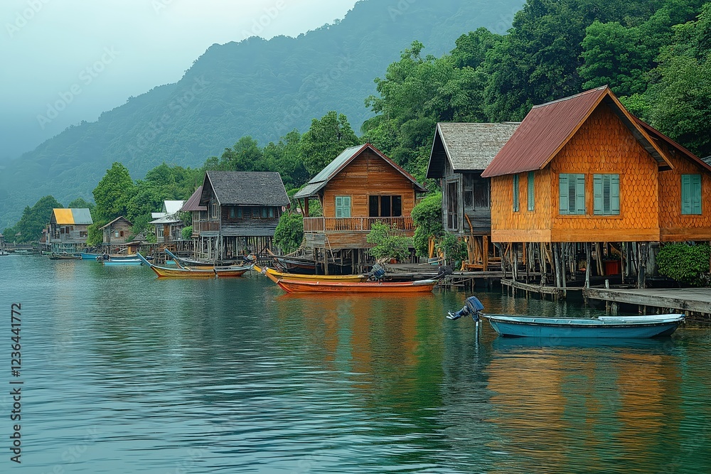 Naklejka premium Colorful wooden houses on stilts by the calm waters of a mountain lake in a peaceful village