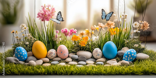 A charming spring garden features tiny handcrafted flowers and butterflies surrounding Easter eggs nestled on soft grass, enhanced by gentle natural light from a nearby window photo