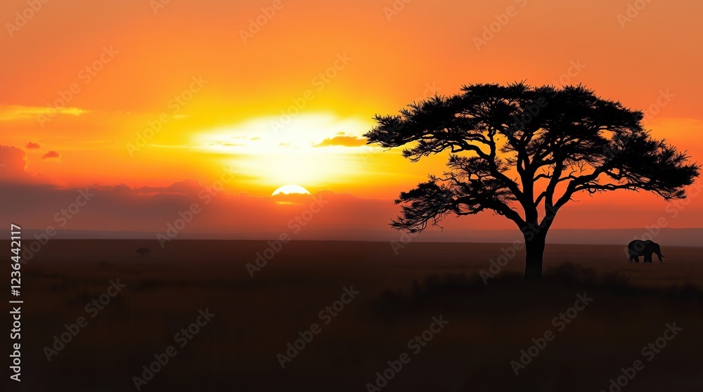 African Sunset Landscape Silhouette Tree Elephant African Sunset Landscape Silhouette Tree Elephant