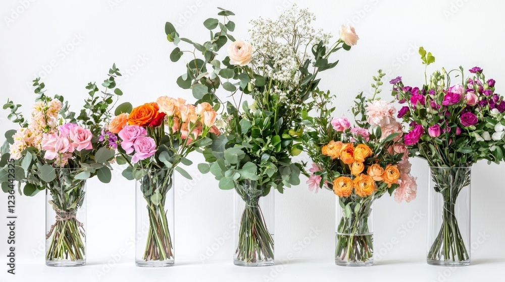 Obraz premium Assorted modern bouquets in transparent glass vases, featuring a variety of romantic flowers and greenery, high-resolution cut out on white background