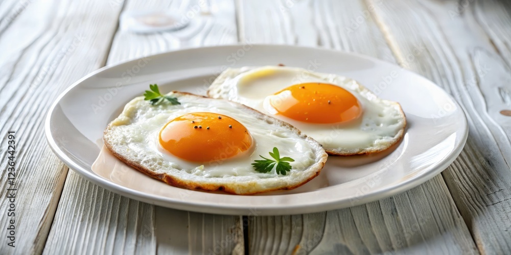 Golden fried eggs gleam on a pristine white plate, a healthy start. Golden fried eggs gleam on a pristine white plate, a healthy start.