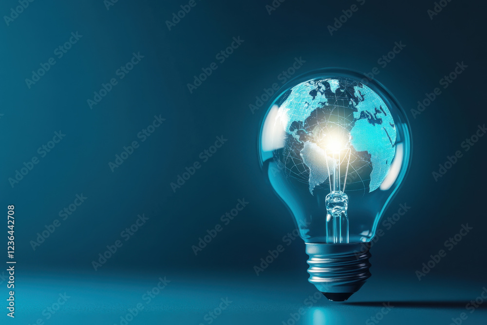 light bulb with glowing world map inside symbolizes innovation and global ideas. This represents creativity and concept of strategy in business