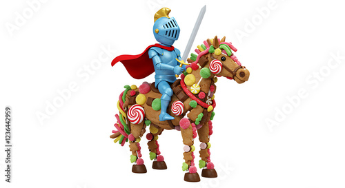 A brave cartoon knight riding a horse made entirely of candy.
 photo