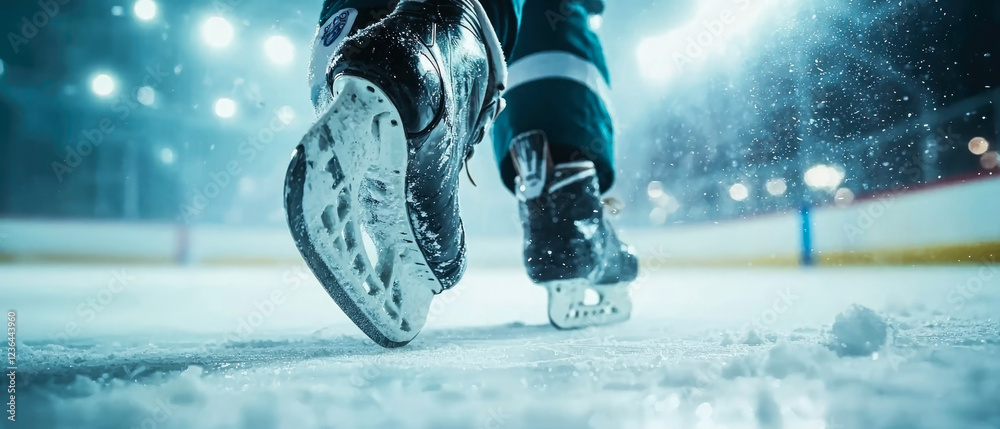 custom made wallpaper toronto digitalDynamic close-up of a hockey player’s skates gliding on the ice, kicking up snow.Intense arena lights, action-packed energy, pro-level speed capture the thrill of competitive ice hockey.Generative ai