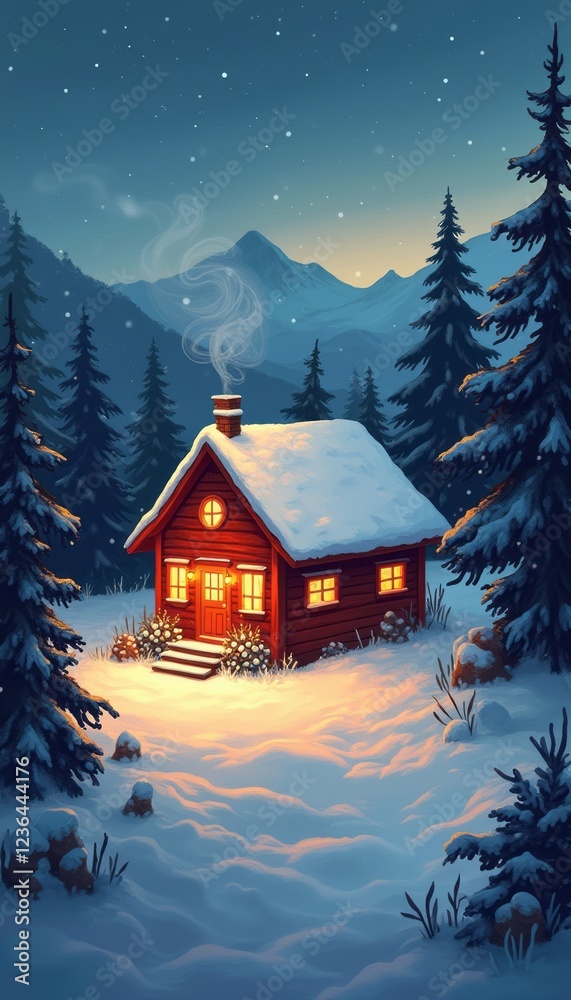 A picturesque red cabin, blanketed in fresh snow, radiates warmth with its glowing windows against a serene twilight backdrop. Surrounded by tall evergreen trees and majestic mountains, this A picturesque red cabin, blanketed in fresh snow, radiates warmth with its glowing windows against a serene twilight backdrop. Surrounded by tall evergreen trees and majestic mountains, this