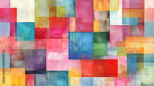 Abstract colorful painting with pink, blue, and yellow squares