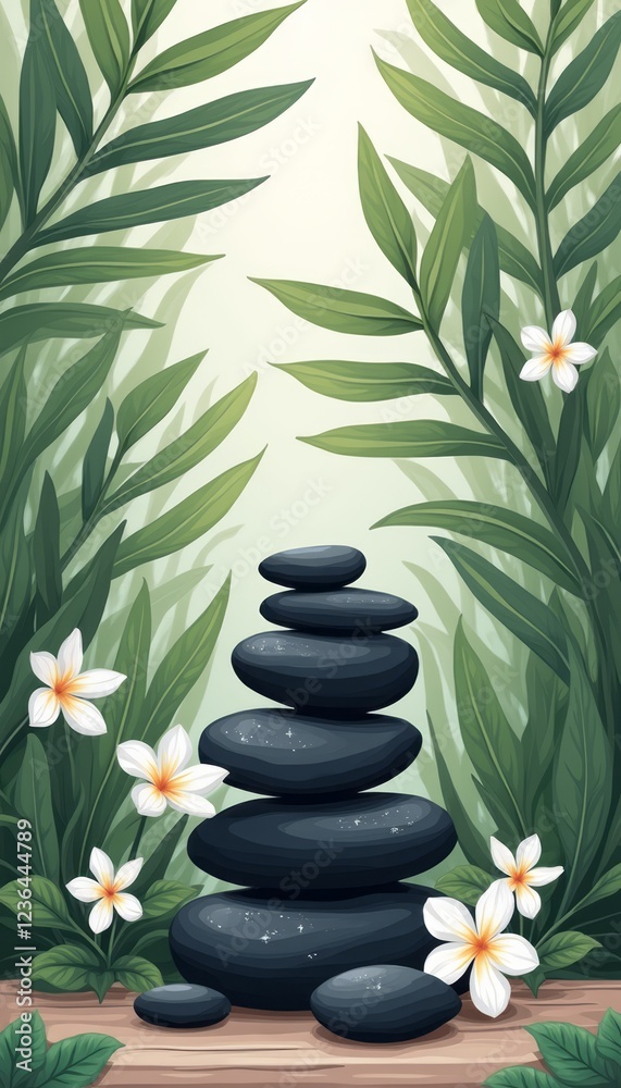 A tranquil arrangement of smooth black stones rises gracefully amidst vibrant green foliage and soft white flowers. This peaceful composition evokes a sense of harmony and balance, inviting viewers to A tranquil arrangement of smooth black stones rises gracefully amidst vibrant green foliage and soft white flowers. This peaceful composition evokes a sense of harmony and balance, inviting viewers to