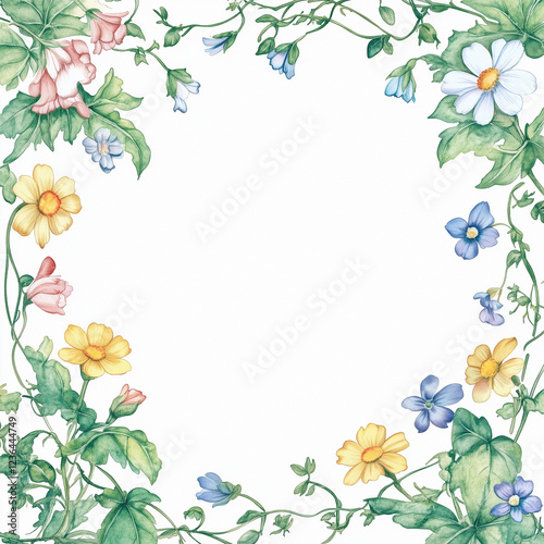 A square watercolor floral frame adorned with delicate wildflowers in bright tones. 