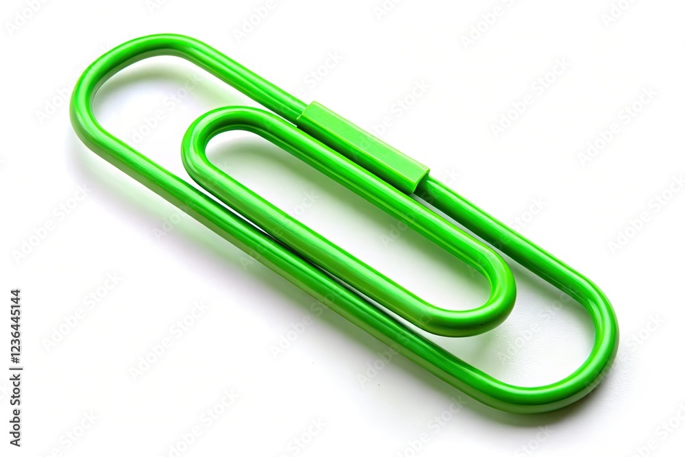 High-res panoramic image: a vibrant green paperclip, isolated on white. Perfect stock photo for office supply websites.