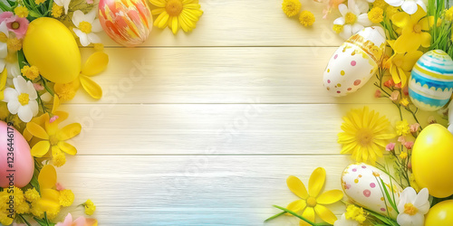 Colorful spring flowers and decorated Easter eggs are arranged on light wooden surface creating cheerful and vibrant setting perfect for spring celebrations and gatherings