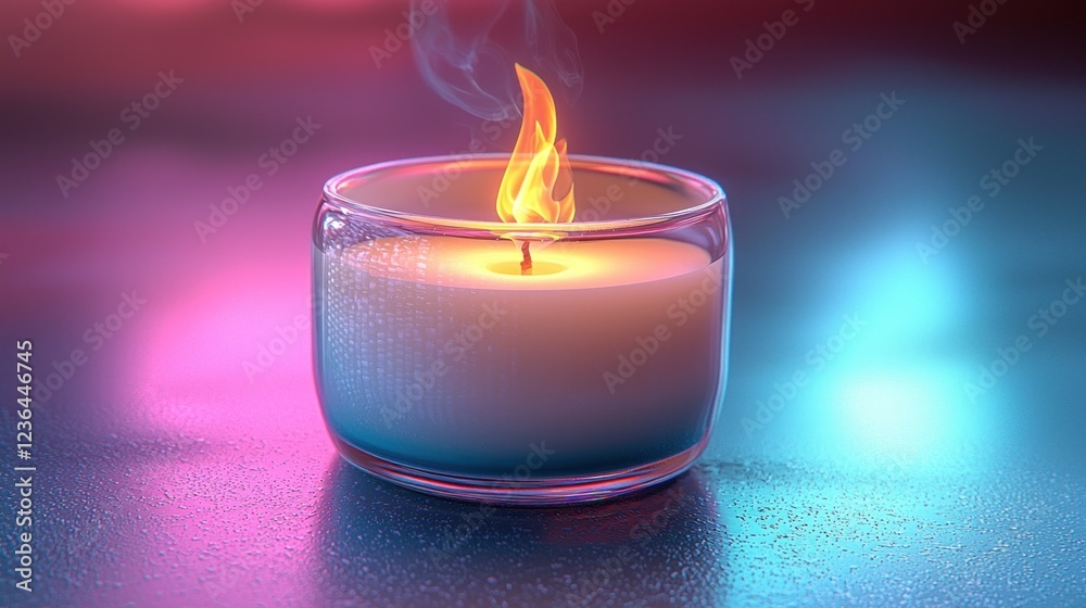 Lit candle in glass jar on reflective surface with colorful background Lit candle in glass jar on reflective surface with colorful background