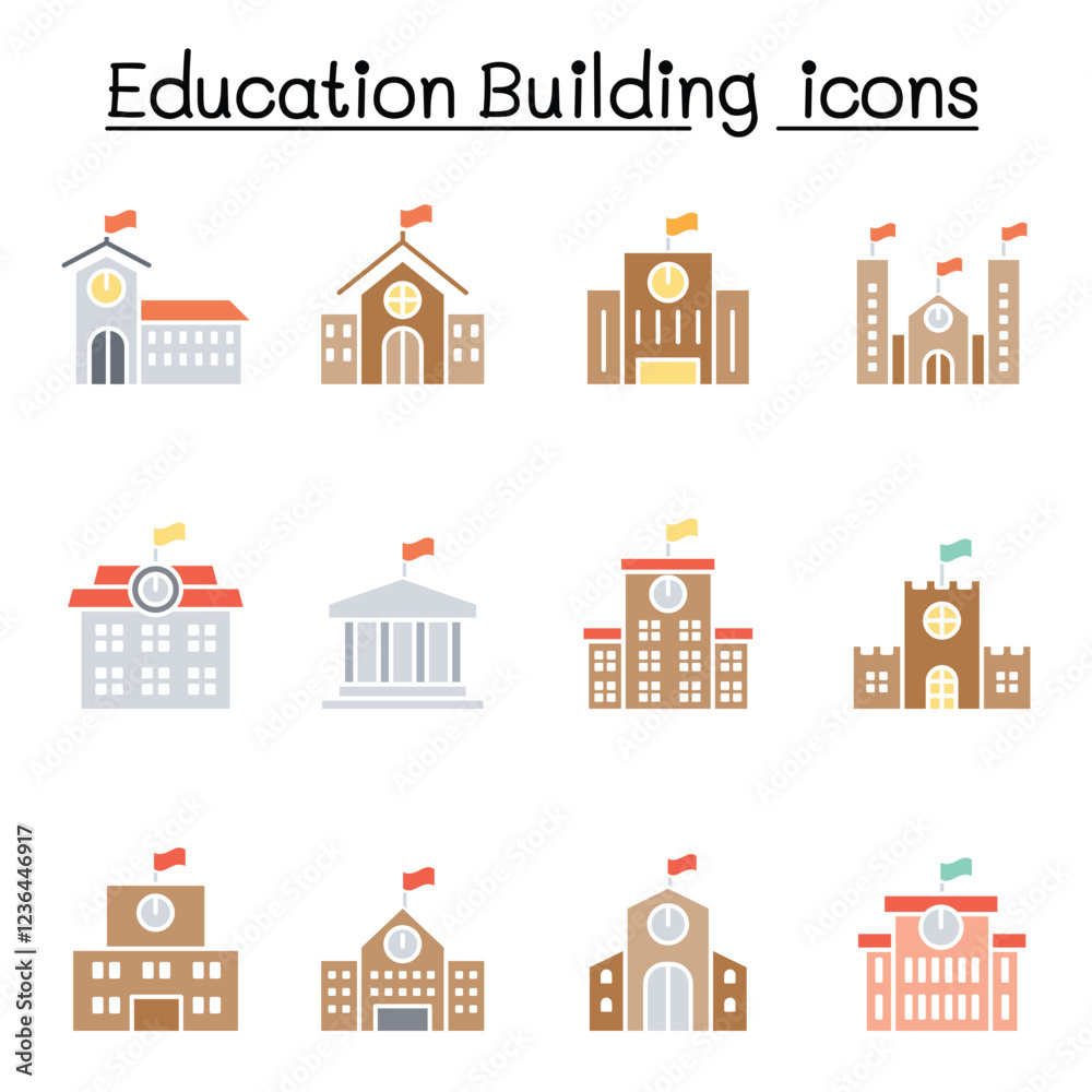 School building icon set in thin line style School building icon set in thin line style