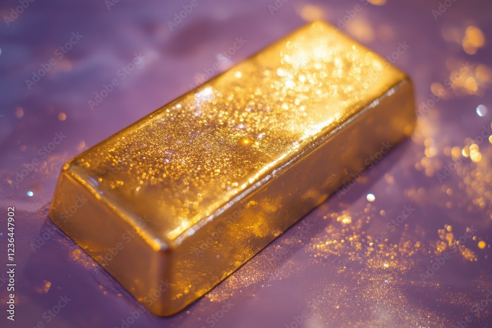 Glittering Gold Bar Rests on Purple Surface Glittering Gold Bar Rests on Purple Surface