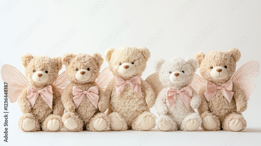 Variety of teddy bears dressed as cupids with wings and bows, soft beige and pink hues, clean cut-out on white Variety of teddy bears dressed as cupids with wings and bows, soft beige and pink hues, clean cut-out on white