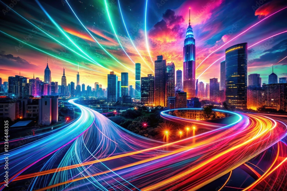 Obraz premium Abstract glowing lines illuminate a dark, futuristic city at night, creating mesmerizing light trails.