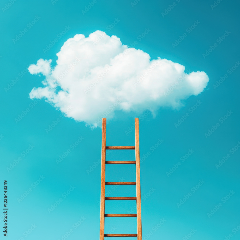 Wooden ladder reaching towards fluffy cloud in bright blue sky, symbolizing aspiration and dreams Wooden ladder reaching towards fluffy cloud in bright blue sky, symbolizing aspiration and dreams